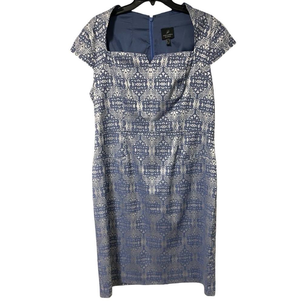 Adrianna Papell Metallic Blue Silver Damask Jacquard Sheath Dress Size 16